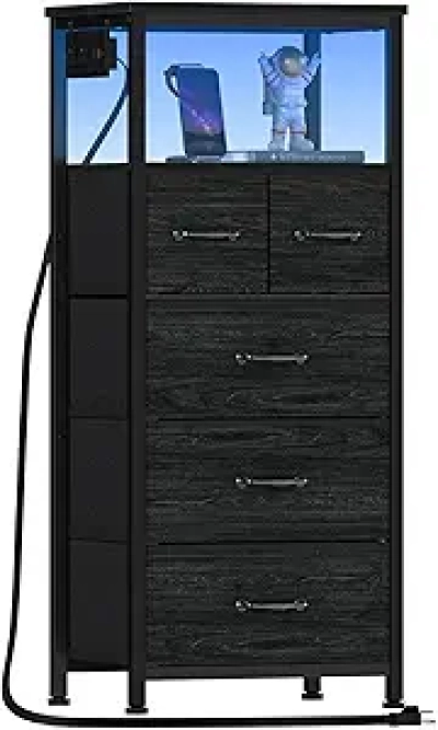 Commode Chambre 5 Tiroirs avec LED RGB, Station de Charge et Tablettes - Furnulem