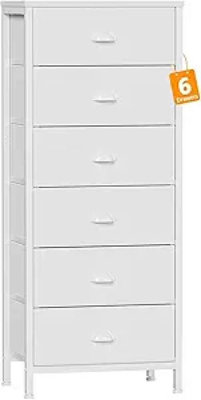 Commode Blanche Haute Furnulem 6 Tiroirs Tissu - Rangement Chambre Vertigo