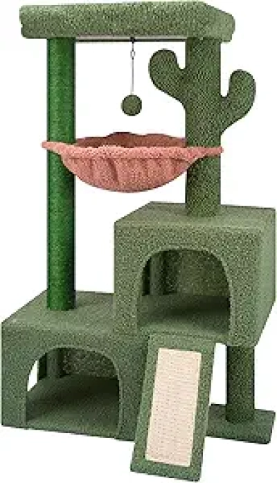 Arbre à Chat 37.4" Vert - Tour Multi-niveaux avec Condos Jumeaux et Hamac