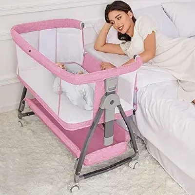 Berceau Bébé Fille Rose 3-en-1 avec Matelas - Lit Cododo Réglable