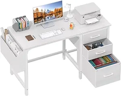 Bureau Blanc 47 Pouces avec Classeur - Bureau Informatique Petit Espace
