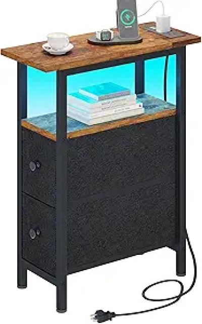 Table de Nuit avec Station de Charge LED - Petite Table Étroite Rustique
