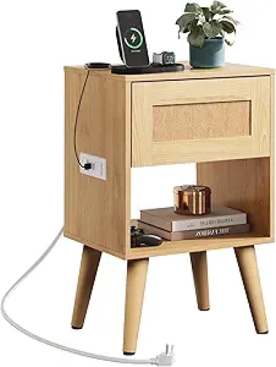 Table de Nuit Rotin avec Station de Charge USB - Bohème