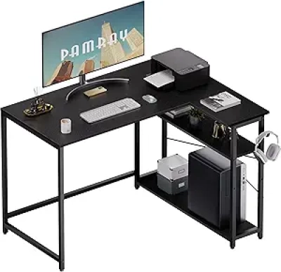 Bureau d'angle 43 pouces avec étagères réversibles - Bureau gaming et informatique compact