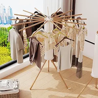 Étendoir à Linge Tripode Pliable - 16 Barres en Bois Massif