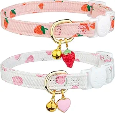 Collier Chat Breakaway Coton Rose Fraises - Sécurisé avec Clochette