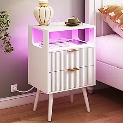 Table de Nuit Blanche avec Station de Charge LED - Petit Meuble Chambre