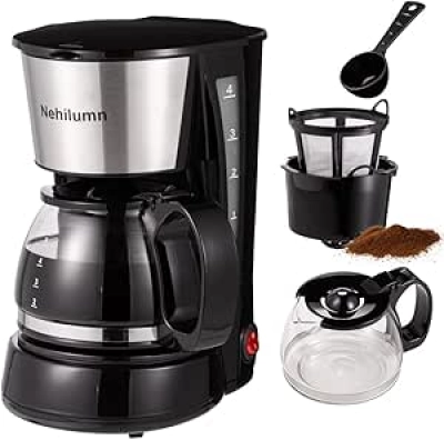 Cafetière Électrique 4 Tasses 650W - Filtre Permanent et Fonction Maintien au Chaud