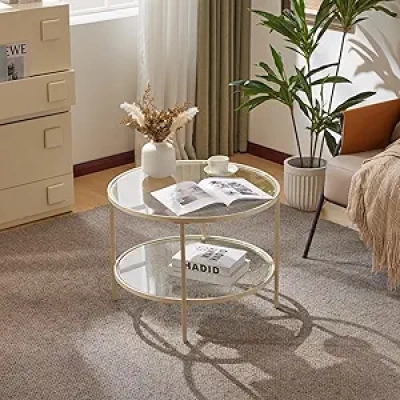 Table basse ronde en verre 65 cm - Design moderne 2 étages avec cadre beige