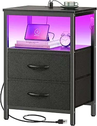 Chevet avec Station de Charge USB et Lumières LED – Table de Nuit Noire 2 Tiroirs