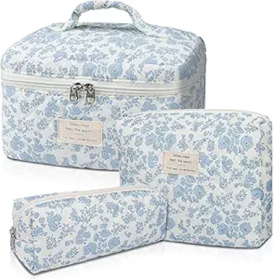 Lot de 3 Trousses de Maquillage Quilted Fleurs - Sac Cosmétique Coton Femme