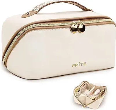 Trousse de Maquillage Voyage Étanche Cuir Végan Beige - Organiseur Cosmétique