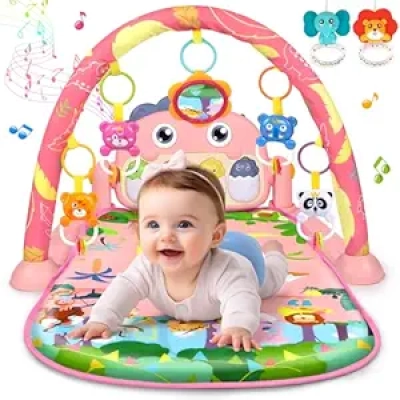 Tapis d'Éveil Bébé Dinosaure Rose - Tapis d'Activité Piano avec Jouets 0-12 Mois