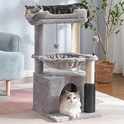 Arbre à Chat 32 Pouces Gris avec Hamac 15.7" - Tour à Chats Griffoir et Peigne
