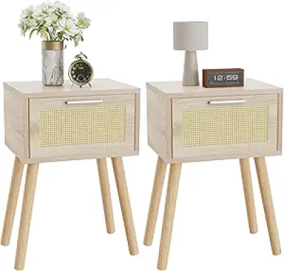 Table de Nuit YMYNY Set de 2 - Table Basse Design Rotin Naturel