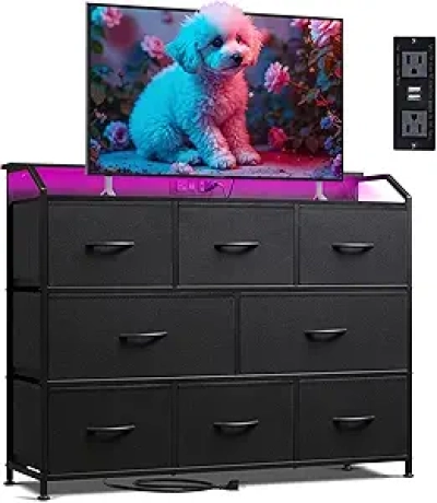 Commode LED 8 Tiroirs avec Support TV - Meuble de Rangement Design Noir