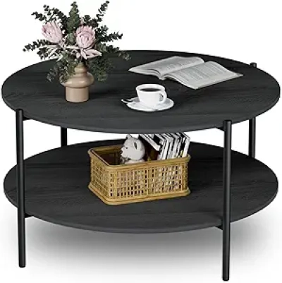 Table Basse Ronde 79cm Grise - Design Moderne 2 Étages avec Rangement