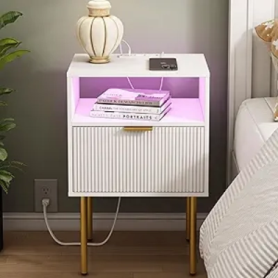 Table de Nuit Moderne avec Station de Charge LED - Blanc