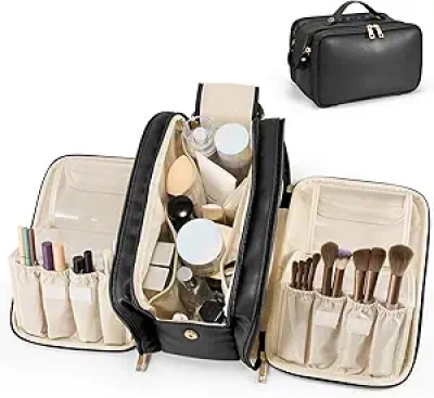 Grand Sac de Maquillage Femme Noir - Organiseur Cosmétique Étanche avec Porte-Pinceaux