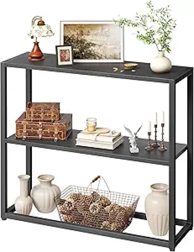 Table Console Entrée 29,5" - Meuble Noir Étroit avec Étagères