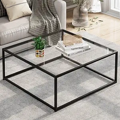 Table Basse Carrée en Verre Noir 66cm - Design Moderne Minimaliste