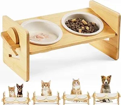 Gamelles Élevées pour Chat Céramique 15° - Anti Vomissement avec Bambou