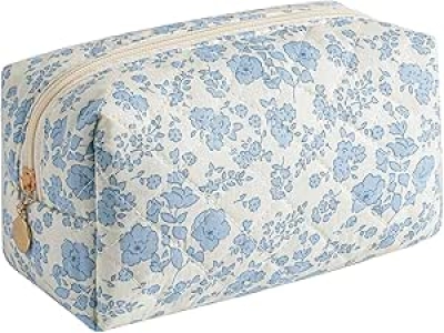 Trousse de Maquillage Voyage Floral Bleu - Pochette Cosmétique Femme Grande Capacité