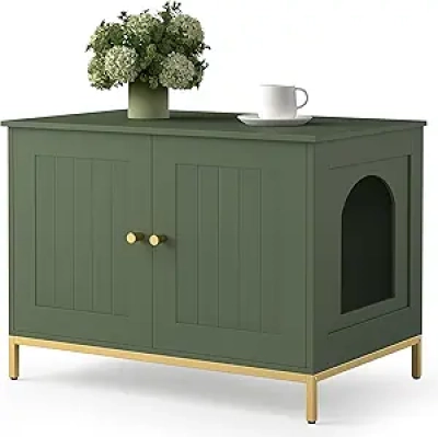Meuble Litière Chat Design - Enclosure Moderne Blanc et Or