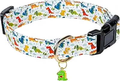 Collier pour Chien Dinosaure Blanc en Coton Doux - Petit, Moyen et Grand Chien