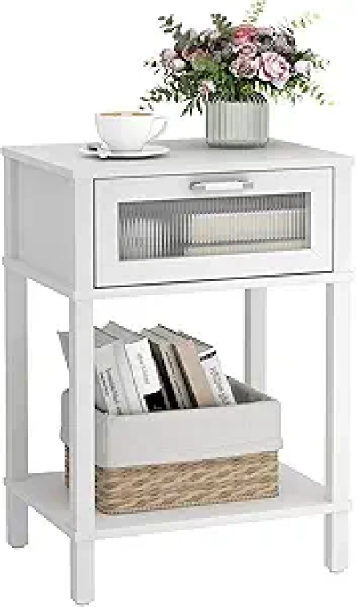 Table de Nuit Bois Blanc avec Tiroir - Meuble Chevet Moderne Style Mid-Century