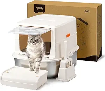Litière Fermée Chat iPettie S01 20L - Acier Inoxydable, Filtre Charbon Odeur