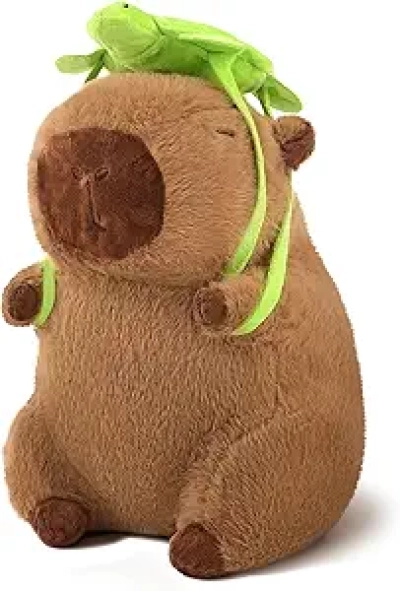 Peluche Capybara Kawaii 23cm avec Sac à Dos Tortue Amovible