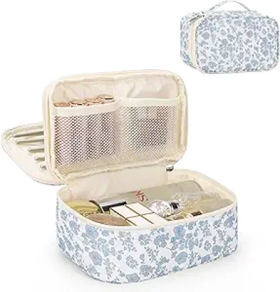 Trousse Maquillage de Voyage Floral - Organiseur Cosmétique Double Compartiment