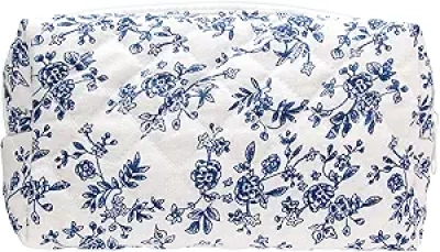 Trousse de Maquillage Vintage Matelassée PAZIMIIK - Pochette Cosmétique Bleu Jouy