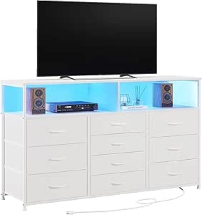 Commode TV 55 pouces 10 tiroirs blanc avec LED RGB et prises USB
