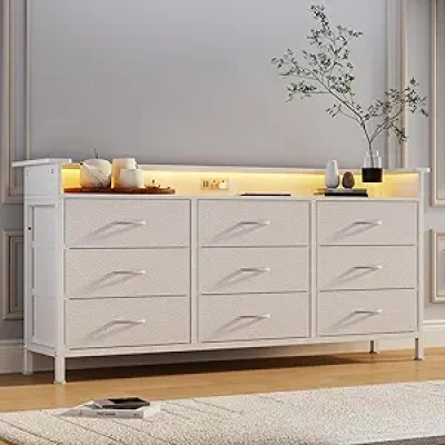 Commode Blanche 9 Tiroirs avec Éclairage LED et Station de Charge