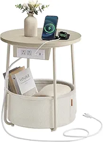 Table de chevet ronde VASAGLE LILEA avec station de charge USB et panier en tissu