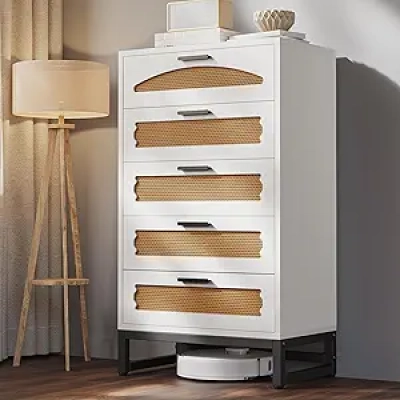 Commode Rattan 5 Tiroirs Blanc - Meuble de Rangement Bohème pour Chambre