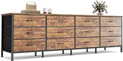 Commode TV 70 Pouces 12 Tiroirs Tissu - Meuble Rangement Chambre Rustique