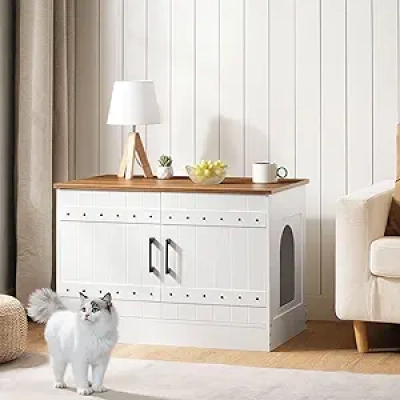 Meuble Litière Chat Fermée Design Farmhouse - Table Basse Multifonction Blanche et Noyer