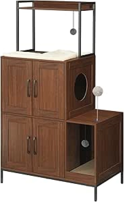 Meuble Litière Chat HOOBRO 2-en-1 : Enclos Design Noyer avec Rangement