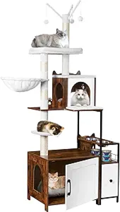 Arbre à Chat 3 en 1 avec Bac à Litière Caché - 67" Meuble Chat Moderne