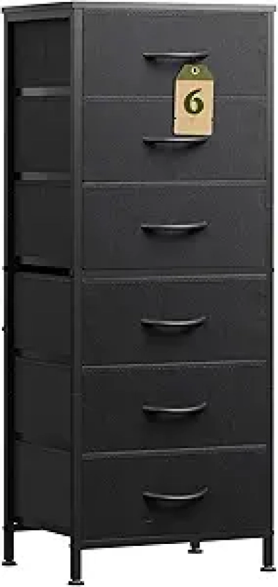 Commode Noire 6 Tiroirs pour Chambre - Meuble Rangement Tissu Compacte