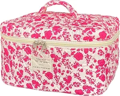 Trousse de Toilette Fleurie Rose Matelassée - Sac Cosmétique Femme Grande Capacité