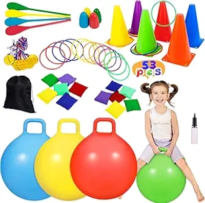 Jeux de Carnaval Extérieurs 53 Pcs - Balles à Sauter, Anneaux et Jeux de Plein Air