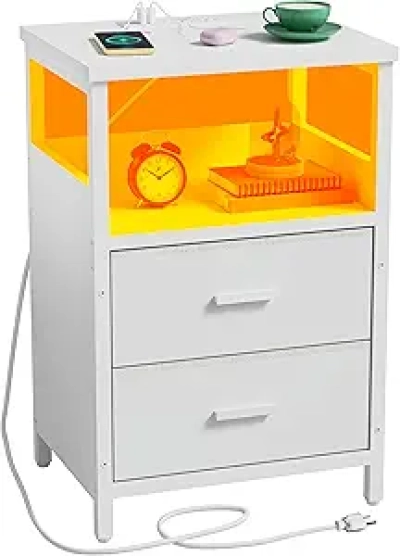Table de Nuit LED avec Station de Charge USB - Blanc