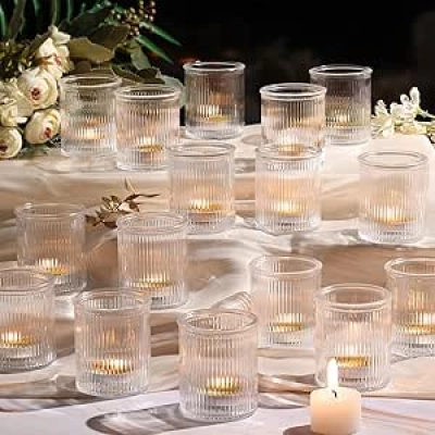 32 Porte-Bougies Votive Rainurés en Verre Transparent - Décoration Mariage et Table