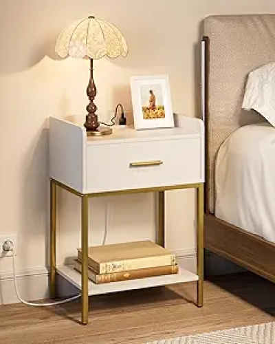 Table de nuit avec chargeur intégré - Meuble blanc moderne 3 niveaux