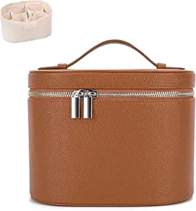Trousse de Maquillage en Cuir Marron avec Compartiments - Sac Cosmétique de Voyage pour Femme