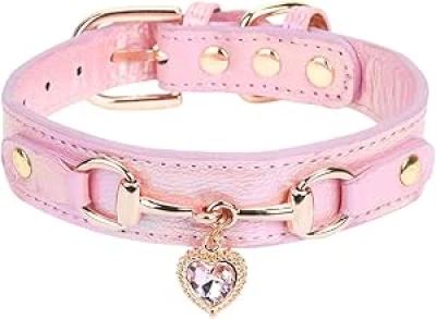 Collier Chien Fashion Rose avec Strass et Charm Cœur - Cuir PU Ajustable Taille M